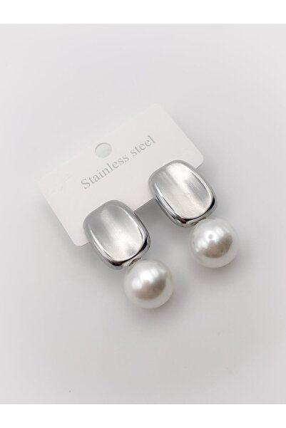 Trinos Çelik Küpe İncili Kavisli Plaka Küpe