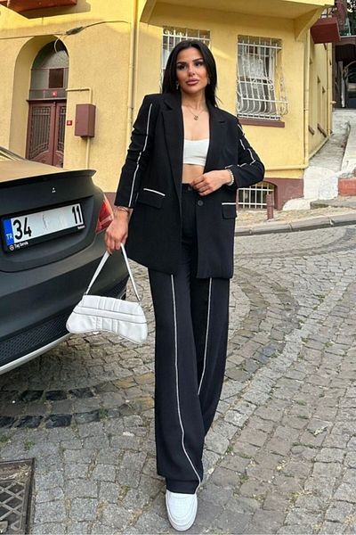 msm fashion Women's Bottom Top Double Suit Piping Detailed Blazer Jacket Pants Suit