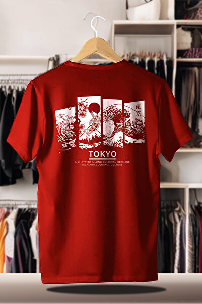 CC STORE Tricou roșu raster cu 3 fire din bumbac oversize |   Imprimarea Tokyo