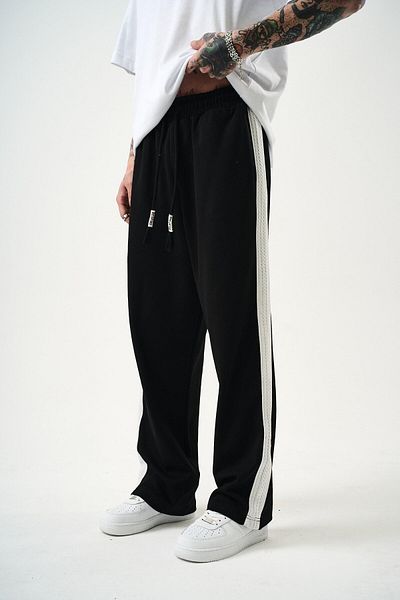 Respire Pantaloni de sport largi interlock cu dungi pentru bărbați, negri