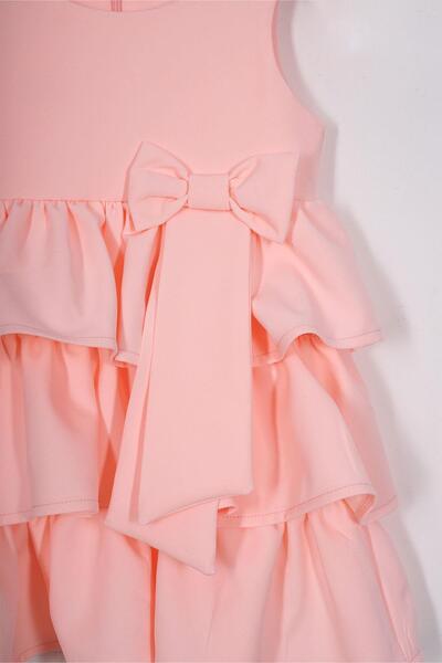 zepkids Girls' Dress - Crew Neck, Ribbon Detail Skirt, Ruffled Zero Sleeve, Salmon Color