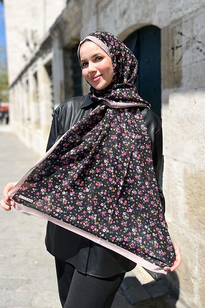 Sultan Eşarp Sultan Fresh Cotton Shawl - Crispy Flower Pattern - SLF005-04 - Βιζόν, Μαύρο, Ροζ, Πορτοκαλί