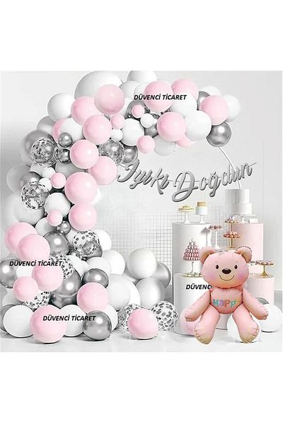 DÜVENCİ TİCARET Retro Pink Bear Silver Pink Luxury Chain Balloon Set