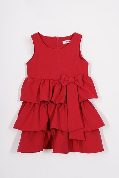 zepkids Crew Neck Ribbon Detailed Skirt Ruffled Zero Sleeve Red Color Girl's Dress