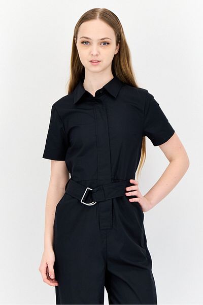 Esprit Women Solid Short Sleeves Belted Jumpsuit, Black