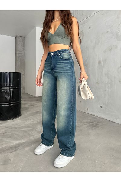 BİKELİFE Women's Pale Effect Loose Cut Wide Leg Comfortable Baggy Jean Trousers