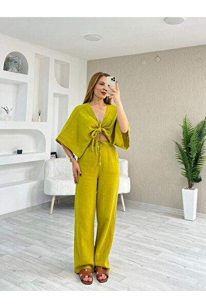 İrka Moda Müslin Kumaş Kimono Takım Yeşil