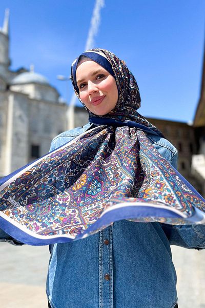 Sultan Eşarp Sultan Fresh Cotton Shawl - Μοτίβο πλακιδίων - SLF002-04 - Navy Blue, Μωβ, Πορτοκαλί