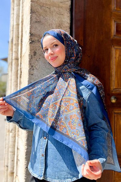 Sultan Eşarp Sultan Fresh Cotton Shawl - Μοτίβο πλακιδίων - SLF002-01 - Μπλε, Πορτοκαλί, Πράσινο
