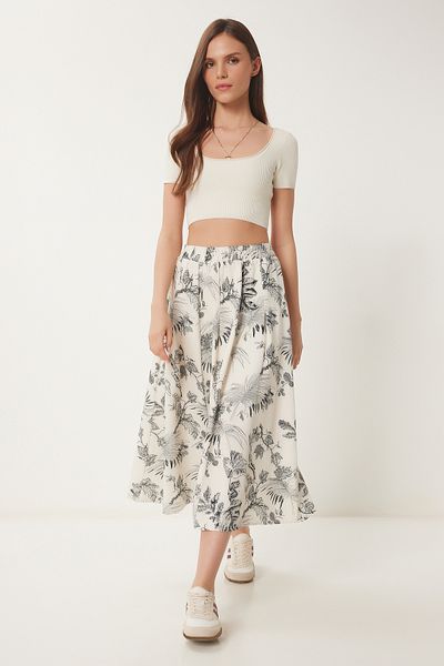 Lovelyİstanbul Patterned Flared Summer Midi Skirt Cream Black Lcr0071