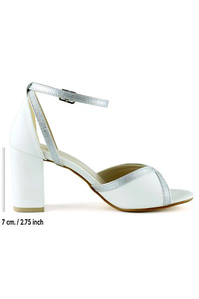 Erkan Saçmacı Charlotte, alb, argintiu, cu bretele încrucișate, cu toc gros, pantofi de mireasă eleganti