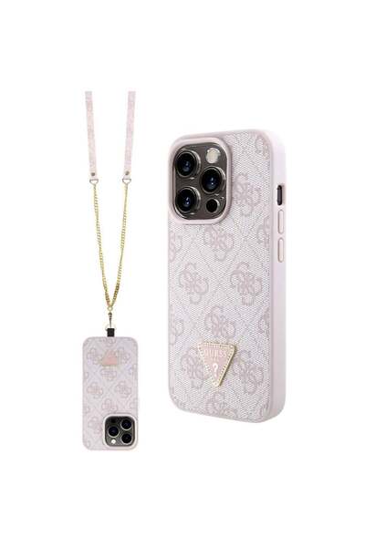 Guess Θήκη iPhone 15 Pro με κορδόνι, δερμάτινη μεταλλική θήκη με λογότυπο και...