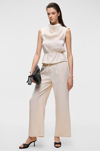GRIMELANGE Ubanity Women's Shiny Fabric Wide Leg Satin Look Ecru Pants
