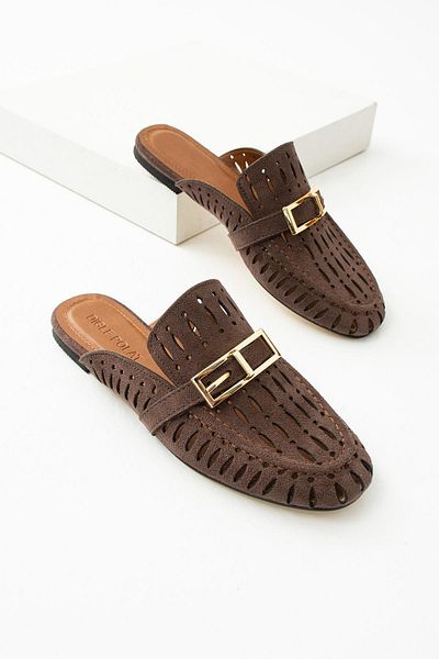 diclepolat Γυναικεία Suede Gold αγκράφα Λεπτομερή επίπεδη σόλα καθημερινή και άνετη παντόφλα Serez Brown
