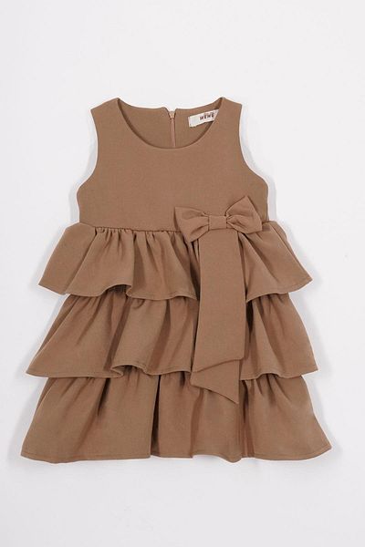 zepkids Crew Neck Ribbon Detailed Skirt Ruffled Zero Sleeve Dark Brown Color Girl's Dress