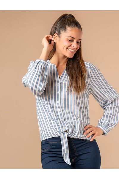 Kübra Tekstil Cămașă cu mânecă lungă Lupinn Fashion pentru femei, alb, albastru, cu dungi, cu șireturi