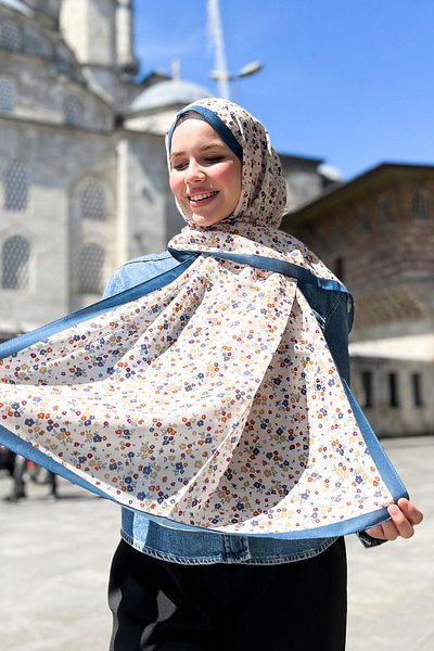 Sultan Eşarp Sultan Fresh Cotton Shawl - Crispy Flower Pattern - SLF005-06 - Μπλε, Κρεμ, Κίτρινο, Πορτοκαλί