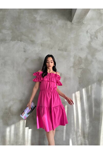 Cistern İstanbul Γυναικείο φούξια βολάν Madonna γιακά με λεπτομέρεια κοντό καλοκαιρινό φόρεμα