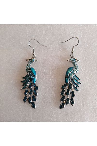Butik Tülin Authentic Handmade Silver Metal Enamel Blue Cutout Brilliant Crystal Stone Peacock Earrings 7X2 cm Indian