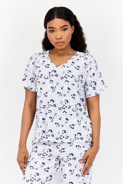 Jones of New York Women 2 Pieces Floral Print Short Sleeve Top And Bottom Pajama Set, Multicolor