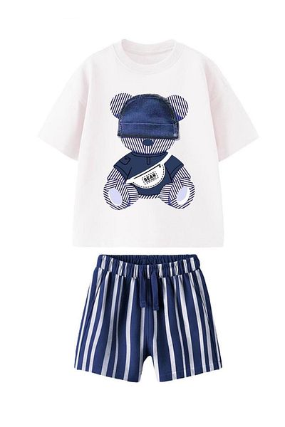 Monila Boy's Hat Detailed Teddy Bear Printed Cotton Tshirt Shorts Bottom Top Set
