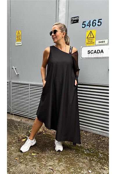 AYSL BUTİK Mesh Detailed One Sleeve Design Dress