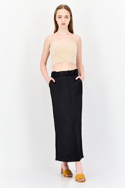 Esprit Women Belted Solid Maxi Skirt, Black