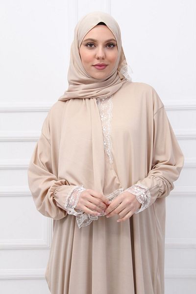 Kutay Collection Εποχιακό γυναικείο φόρεμα προσευχής με δαντέλα με αυτοκαλυμμένο κεφάλι, ρούχα προσευχής κατά του ιδρώτα