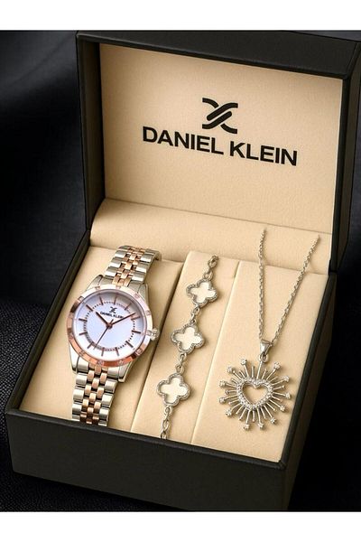 Daniel Klein Premium Women's Gift Set – Rose Gold & Silver Watch, Clover Bracelet & Sunburst Heart Necklace