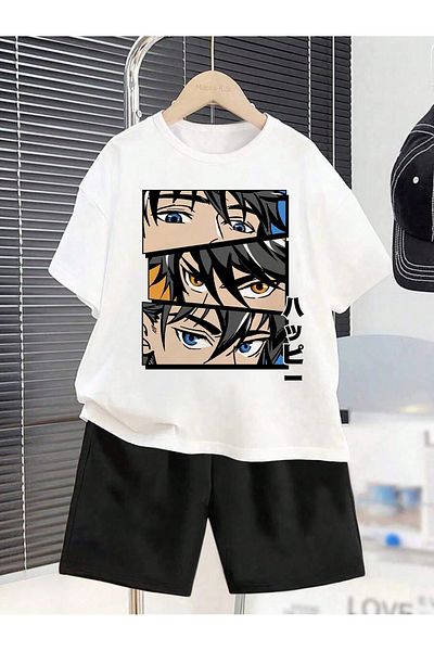 LePold Boys' New Colorful Anime Print Pattern T-Shirt and Shorts Set