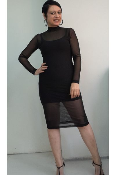 Mertcan Butik Black Turtleneck Mini Pencil Dress with Inner Rope Strap, Detailed Long-Sleeved Tulle Pencil Dress