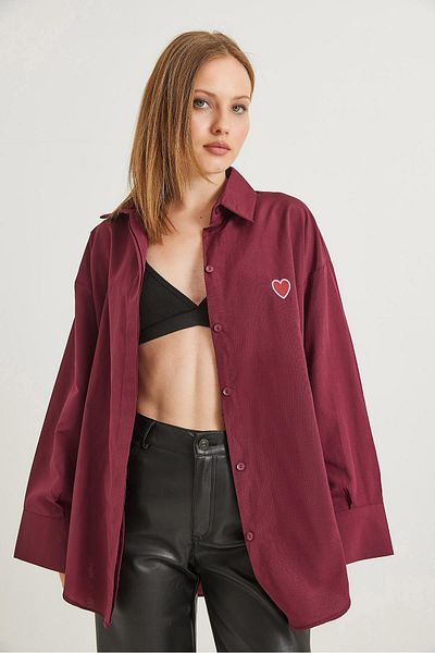 CALİENTE Heart Embroidered Oversize Basic Shirt Claret Red