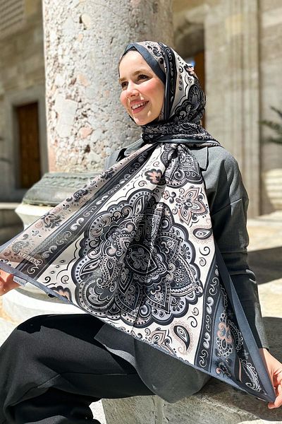 Sultan Eşarp Sultan Fresh Cotton Shawl - Orient Express Model - SLF001-02 - Μαύρο, Γκρι, Βιζόν