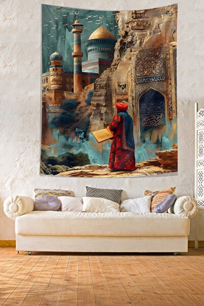 linazaitun Flying Birds over Islamic Themed Mosque Stain Resistant Fabric Wal...