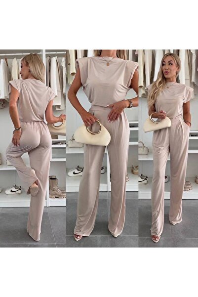 Cistern İstanbul Γυναικείο Μπεζ Παντελόνι Μπλούζα με Λεπτομέρειες Σετ δύο τεμαχίων