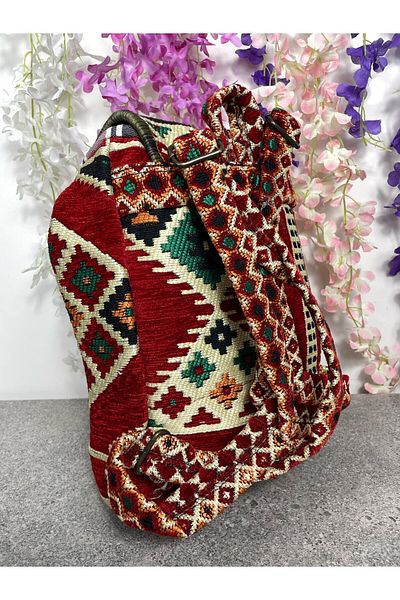 Sobe Hediyelik Red Rug Pattern Woven Backpack |   Authentic Model with Adjustable Strap