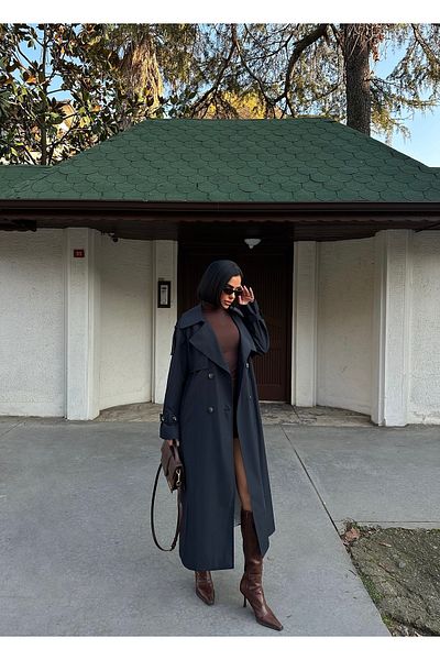 IDA Collection Black Trench Coat - Double Buttons and Windbreaker Detail