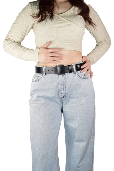 GoDeri حزام جينز نسائي أسود من الجلد الطبيعي 100% بإبزيم فضي غير لامع 4 سم=an-byn-71