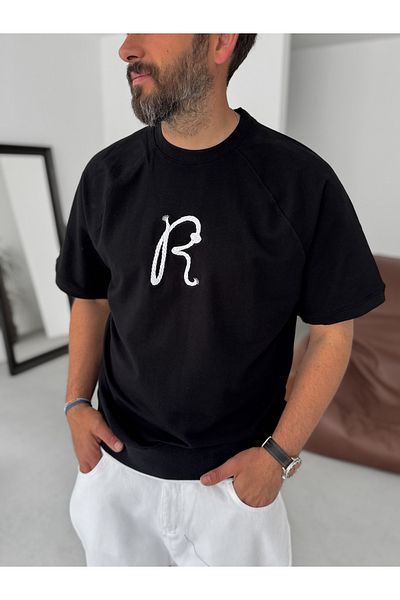 BYBASICMAN Black R Embroidered Ribbed Oversize T-Shirt Res-5139