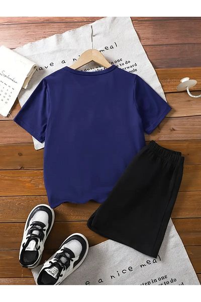 vinraus Girl\Boy Navy Blue-Black Don`T Worry Capybara Printed Combed Cotton Shorts-Tshirt Set