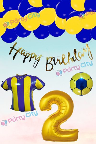 Party City مجموعة بالونات ذات طابع أصفر وأزرق داكن لمحبي عمر سنتين - بالون من رقائق الفويل على شكل كرة - مفهوم بالون من رقائق الفويل
