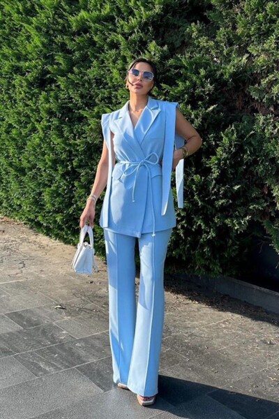 msm fashion Női alsó felső kétrészes öltöny vállrészlettel övvel, ujjatlan blézer dzseki nadrágkosztüm