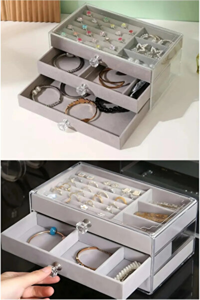rasdesing Transparent Jewelry Box with 3 Drawers and Compartments