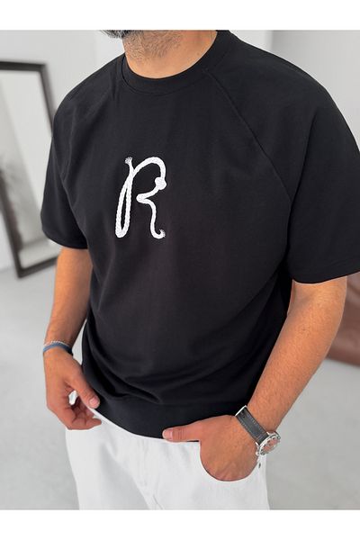 BYBASICMAN Black R Embroidered Ribbed Oversize T-Shirt Res-5139