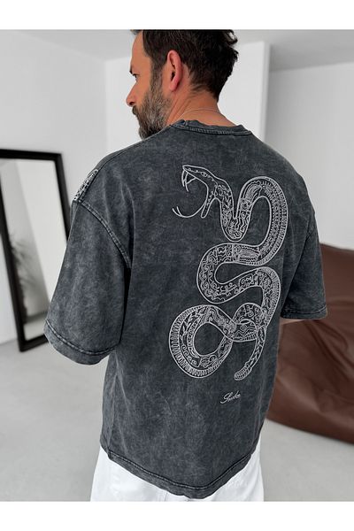 BYBASICMAN Black Washed Snake Printed Oversize T-Shirt Res-5247