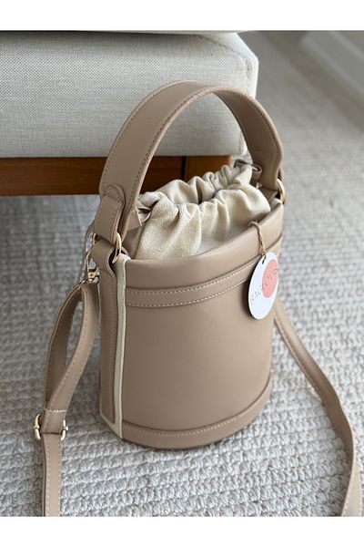 BAGLOVİS Shirred Mouth Bucket Model Mink Color Women's Hand and Shoulder Bag En20 Uzn20