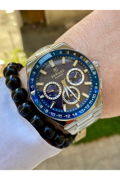 Reward Waterproof Silver Color Steel Men Wrist Watch Bangle Gift
