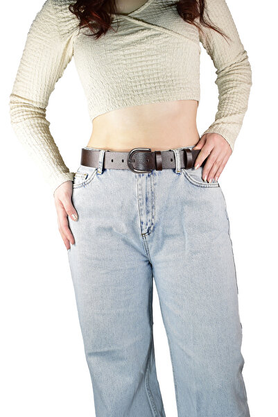 GoDeri %100 Hakiki Deri, Mat Gümüş Tokalı Koyu Kahverengi Kadın Kot Kemeri 4 Cm=an-byn-71