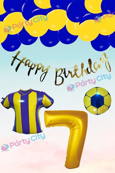 Party City مجموعة بالونات ذات طابع أصفر وأزرق داكن لمحبي عمر 7 سنوات - بالون من رقائق معدنية على شكل كرة - مفهوم بالون من رقائق معدنية على شكل شخصية