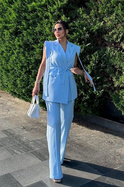 msm fashion Set de două piese pentru femei, cu detaliu pe umeri, cu centură, blazer fără mâneci, set de pantaloni